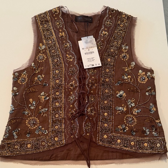 Zara Tops - Zara Brown Embroidered Lace-Up Top with Metallic Accents